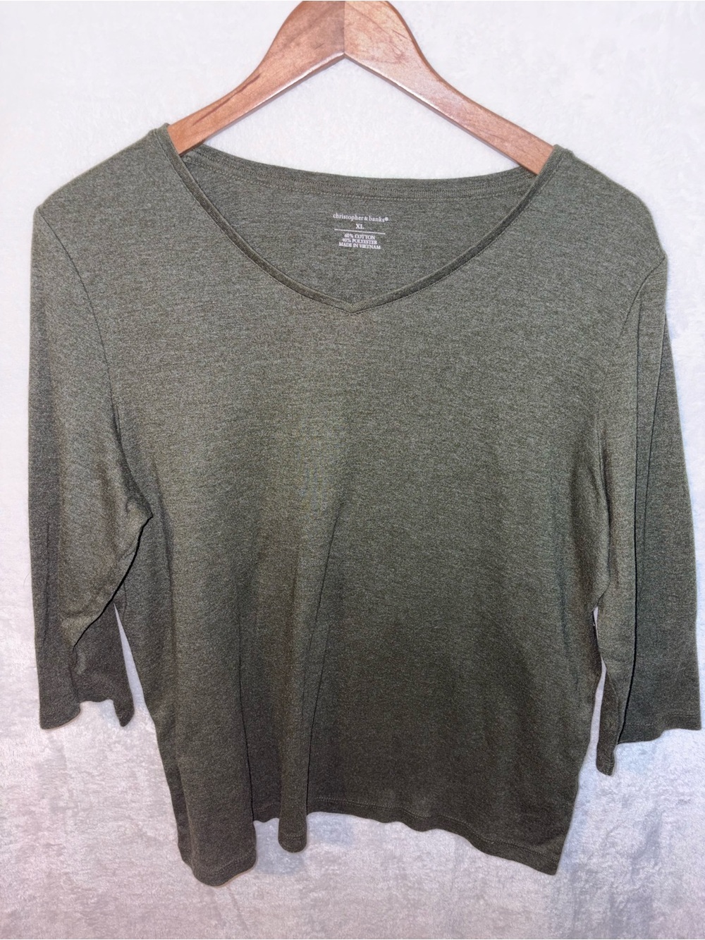 Christopher & Banks Olive Green V-Neck 3/4 Sleeve Cotton Top